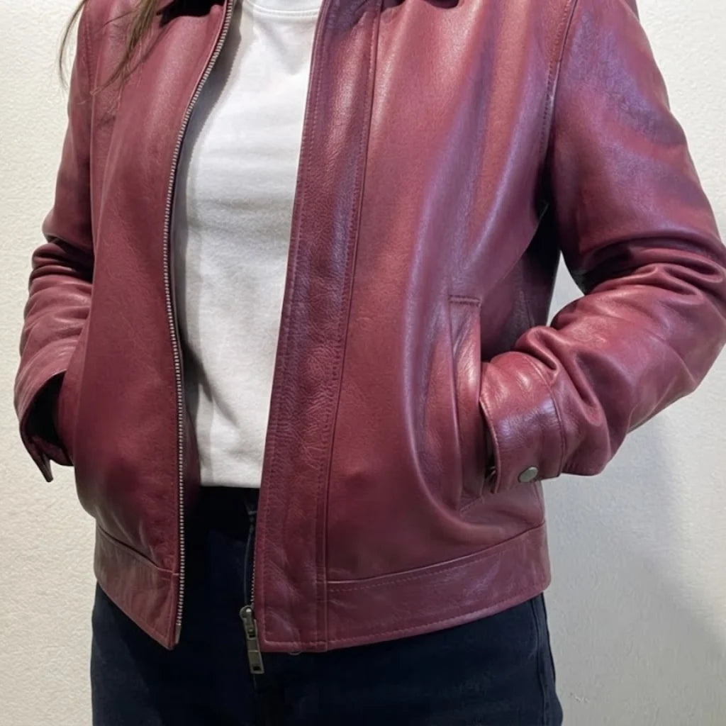 Women's Burgundy Leather Jacket – Classic Genuine Leather Zip Jacket