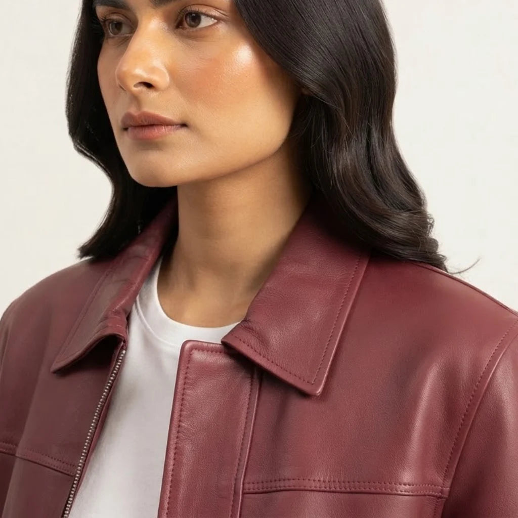 Women's Burgundy Leather Jacket – Classic Genuine Leather Zip Jacket