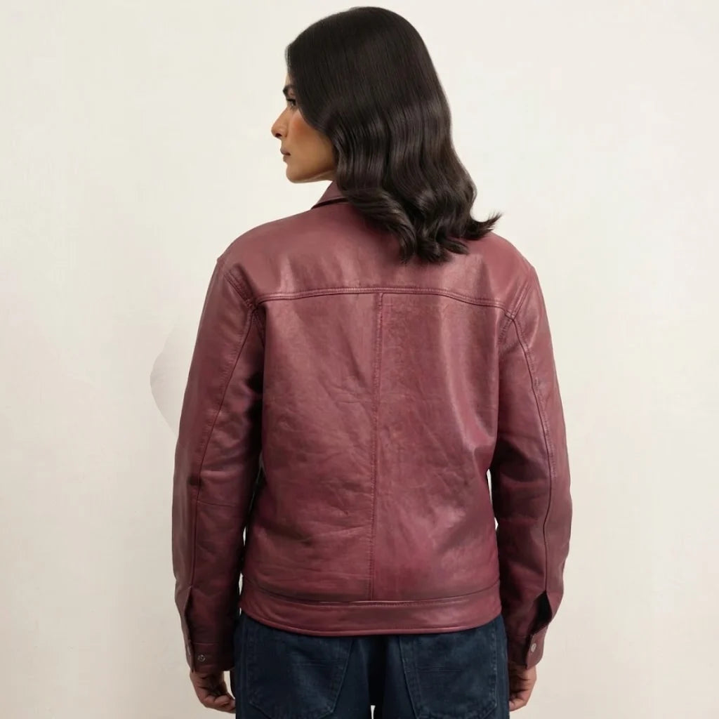 Women's Burgundy Leather Jacket – Classic Genuine Leather Zip Jacket