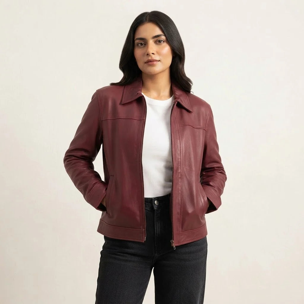 Women's Burgundy Leather Jacket – Classic Genuine Leather Zip Jacket