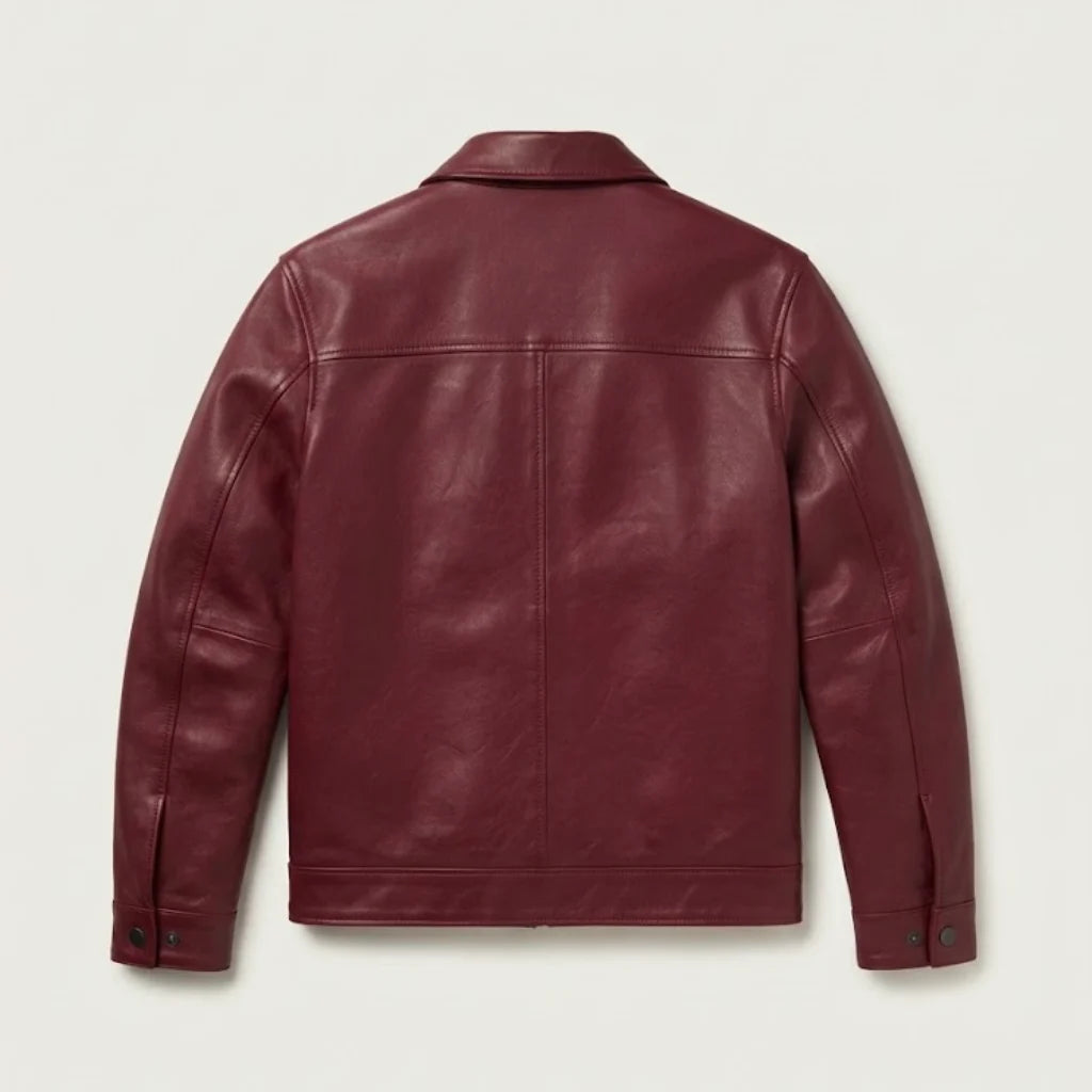 Men's Burgundy Genuine Leather Jacket – Classic Zip Front