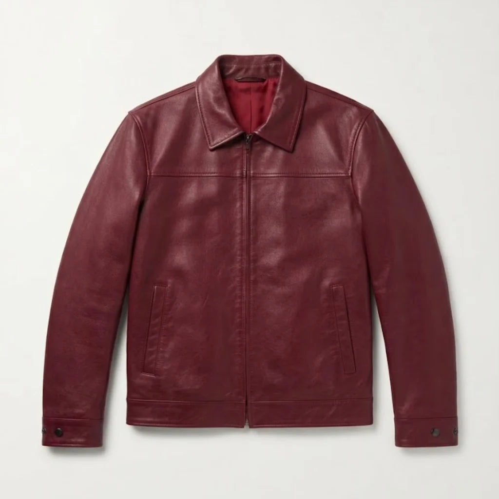 Men's Burgundy Genuine Leather Jacket – Classic Zip Front