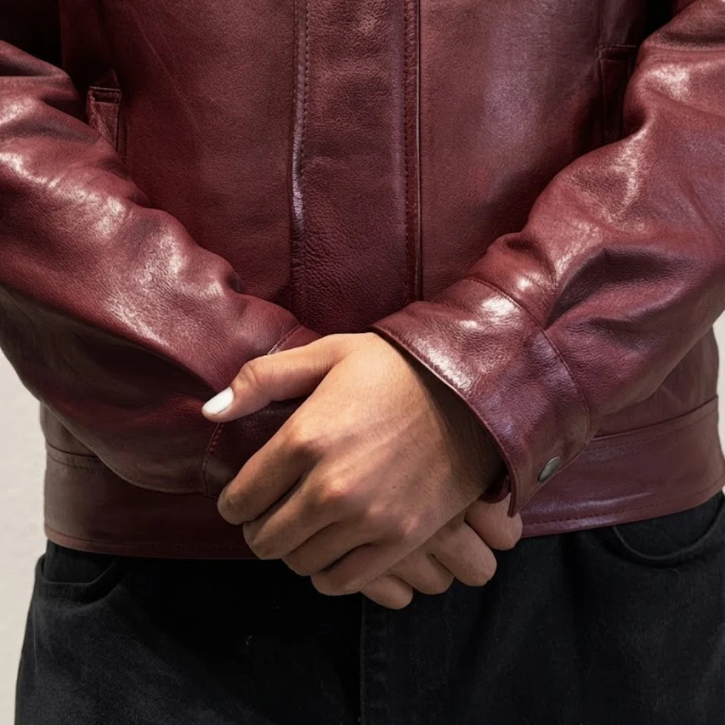 Men's Burgundy Genuine Leather Jacket – Classic Zip Front