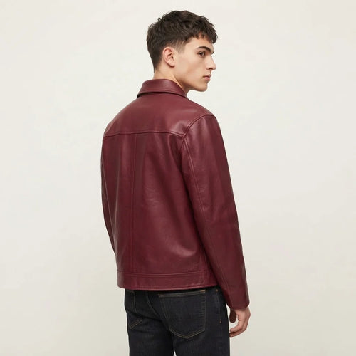 Men's Burgundy Genuine Leather Jacket – Classic Zip Front