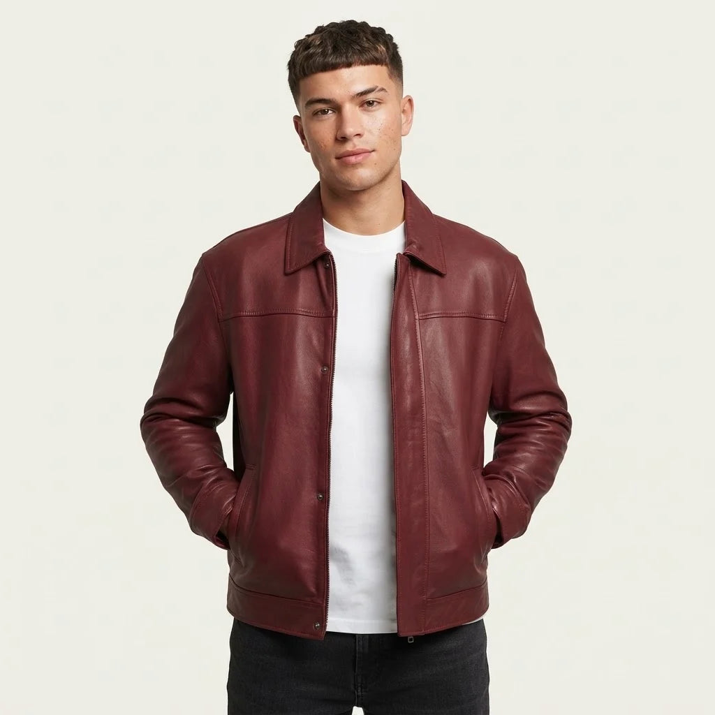 Men's Burgundy Genuine Leather Jacket – Classic Zip Front